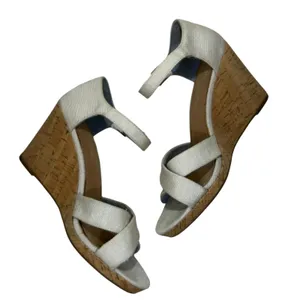 TOMS‎ Womens Cork Wedge Sandals Cream Canvas Ankle Strap Size 8 thumbnail 2