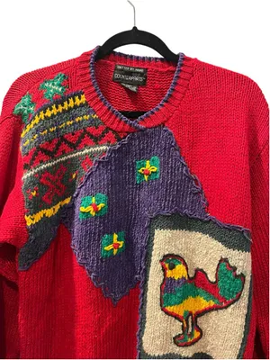 VTG Counterparts Hand Knit Bird Novelty Sweater Red Patchwork Folk Art Cotton M thumbnail 3