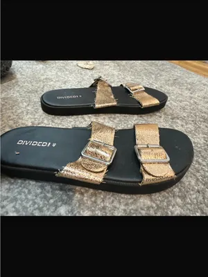 Divided Metallic Gold Double Buckle Slide Sandals thumbnail 3