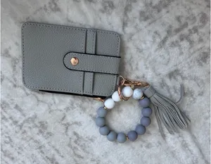 Grey Vegan Leather Card Holder Wallet with Silicone Bead Wristlet‎ Keychain thumbnail 1