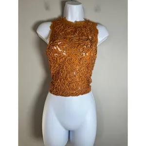 Zara Trafaluc Mustard Yellow Lace Mock Neck Sleeveless Crop Top S/S18 Full Zip thumbnail 2