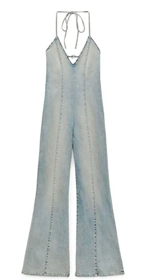 ZARA NWT Denim Jumpsuit. Super Cute And Flattering. Small “ B “ Crystal Do You Represent Barbie But Easily Can Be Taken Off And Not Noticeable thumbnail 1