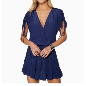 Ramy Brook Tilda Dress Women’s Size XXS Crossover Mini Ruffle Smocked navy blue thumbnail 2