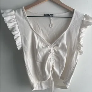 Zara Cream Flutter Sleeve Ruched Blouse thumbnail 1