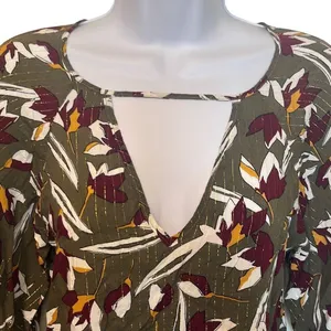 Zinzane Small Green Purple Floral Silver Metallic Stripe V Neck Crop‎ Top Blouse thumbnail 2