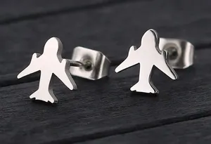 Silver Jet Airplane Plane Earrings Studs - Pilot, Flight Attendant, Stewardess thumbnail 1