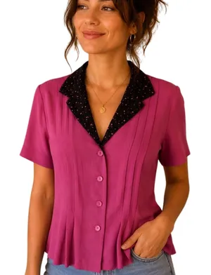 Vintage Danny & Nicole Pink sheer button up blouse black collar pink polka dots thumbnail 1