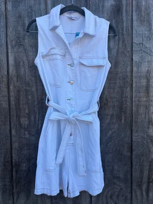Cupshe White Sleeveless Collared Utility Denim Romper with Waist Tie Size Small thumbnail 3