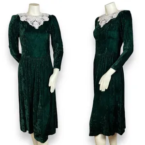 Vintage Crushed Velvet Dress Green Lace Collar Lanz Long Sleeve Christmas Party‎ thumbnail 2