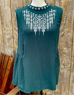 Knox Rose Teal Embroidered Sleeveless Babydoll Blouse Size Large thumbnail 1