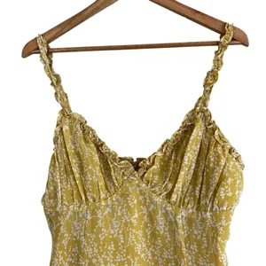 Here Comes The Sun Milkmaid Mini Dress Yellow Floral Ruffle Strap Brunch Size L thumbnail 3