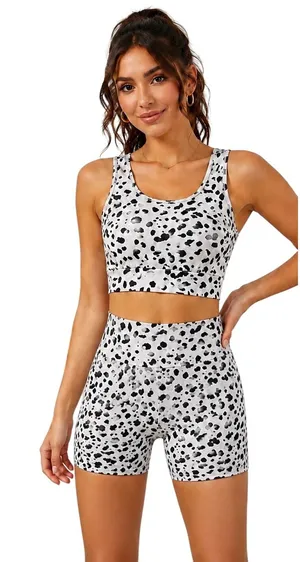 SHEIN Dalmatian Print 2 Piece Activewear Crop Top Shorts Set Petite XS thumbnail 1