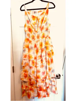 Anthropologie Midi Dress Orange Yellow Floral Tiered Ruffle thumbnail 4