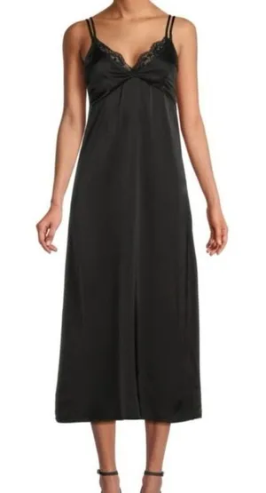 Lea & Viola NWT Black Satin Lace Slip Midi Dress 90s Lingerie Style S thumbnail 1