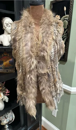 Real Rabbit Fur Vest – Brown Beige Natural Fur – Size M thumbnail 1