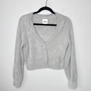 Aerie Fuzzy‎ Cropped Cardigan Stone Deep V-Neck Button Front Small Soft #2926 thumbnail 4
