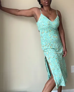 Hello Molly Teal Floral Side Slit Midi Dress US Size 6 thumbnail 1