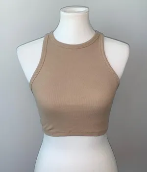 Zara Ribbed Knit Beige Crop Racer Back Tank Top Womens Medium thumbnail 1