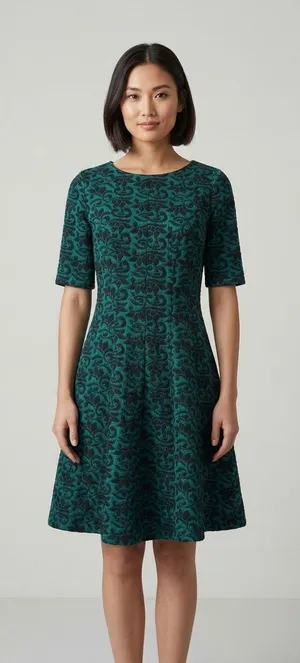 Danny & Nicole Teal and Black Damask Fit-and-Flare Dress thumbnail 1