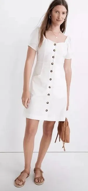 Madewell Linen-Cotton Puff-Sleeve Mini Dress in‎ Lighthouse Size 6 thumbnail 1