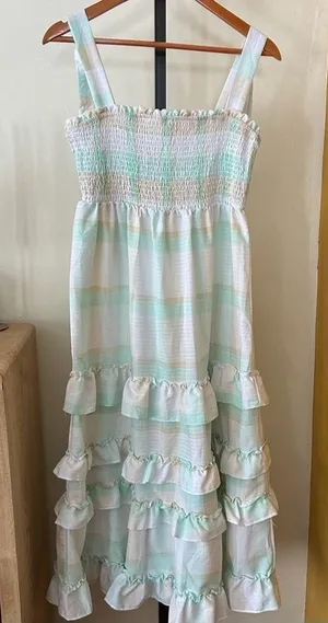 Moon River Tiered Ruffle Smocked Midi Dress Striped Plaid Boho Sleeveless Size S thumbnail 1