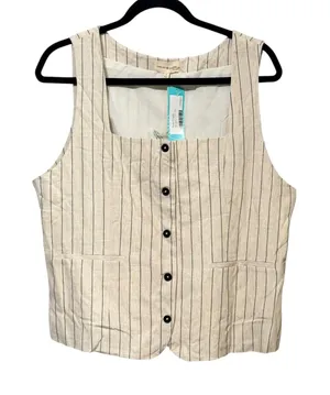 Thread & Supply Women Oatmeal Black Pinstripe Linen Blend Button Front Vest L thumbnail 1