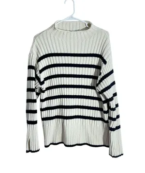 ZARA Medium Ivory & Black Ribbed Knit Striped Sweater Medium thumbnail 2