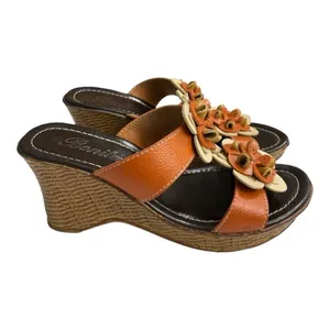 Bonita Floral Leather Wedge Sandals Cognac Brown Slide Mules Platform Heel thumbnail 5
