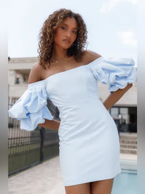 NEW Petal + Pup Fern Puff Sleeve Off Shoulder Mini Dress in Icy Blue thumbnail 11