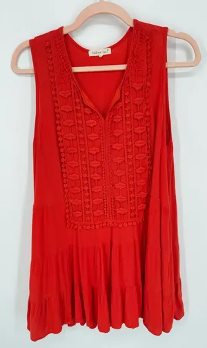 Indigo Soul Women's Large Red/Orange Sleeveless Crochet Trim Tiered Top Boho thumbnail 1