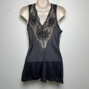 American Vintage VTG 60s Jenelle of California Women Black Lace Cami Top Sheer Tie Front Floral thumbnail 3