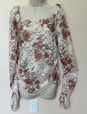 Anthropologie Top XL Sheer Long Sleeve Pullover Stretchy Floral Ruffle Coquette thumbnail 1