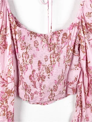 FREE PEOPLE Hilary Pink Floral Tie Closures Ruched Front Puff Sleeves Top Small thumbnail 7