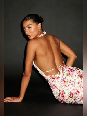 LULU’S Mayar Ivory Floral Satin Cross-Front Halter Mini Dress thumbnail 3