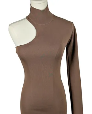 Zara Mink Brown Bandage Knit Asymmetrical Bodycon Midi Dress One Shoulder SMALL thumbnail 1