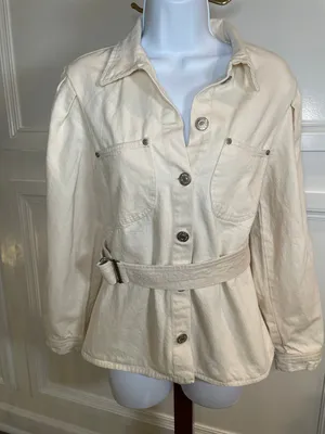 Zara Womens Beige Puff Sleeve Denim Jacket with Belt Size M thumbnail 1