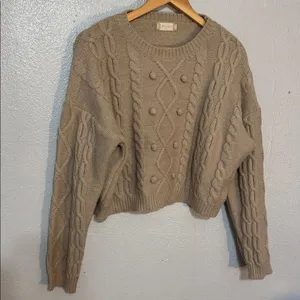 Altar'd State Beige Cropped Cable Knit Chunky Bobble Sweater Cozy Preppy Pom M thumbnail 3