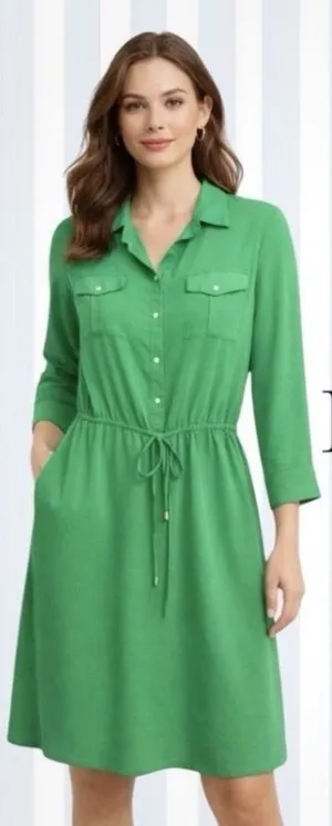 Lauren Ralph Lauren | Green Viscose Long Sleeve Button Front Shirt Dress, 8 thumbnail 1