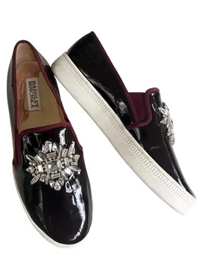EUC Badgley Mischka Leather Barre Rhinestone Embellished Slip-On Flats Size 8 thumbnail 1