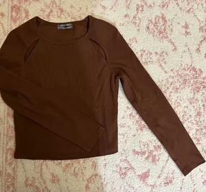 Anthropologie Brown Fall Ribbed Cut-out Long Sleeve Top thumbnail 1