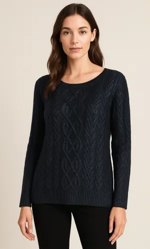 Club Monaco Sweater Women Medium Navy Blue Metallic‎ Cable Knit Pullover Preppy thumbnail 1