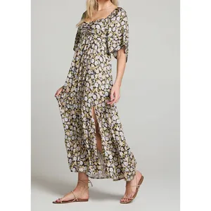 Saltwater Luxe Kathryn Floral Short Puff Sleeve Midi Dress Tan Large thumbnail 2