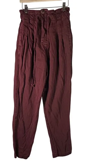 Free People Womens Paperbag Jogger Pants Burgundy‎ Drawstring Cotton XS Boho thumbnail 1