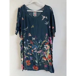 Johnny Was Summy Short Sleeve‎ Tunic Top Women's Large Floral Birds Butterflies thumbnail 3