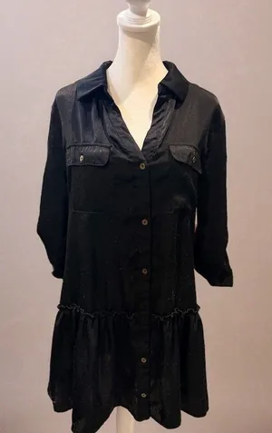 Kingston Grey Shirt Dress Womens M Black Button Front Collared Ruffle Hem thumbnail 1