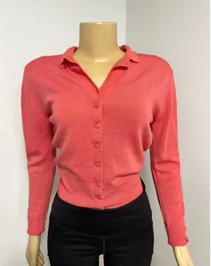 Vintage Grey Deer Coral Pink Wool Cardigan Polo Collar Button Front Sweater 36 thumbnail 1