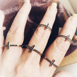 Sterling Silver Black Cz Sideways Cross Ring Silver thumbnail 1