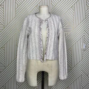 Theory Galinne Speckle Boucle Knit Fringe Sweater Jacket Cream Red Size Small‎ thumbnail 3