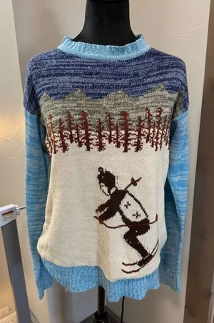 Vintage Knit Ski Sweater Mock Neck Blue White Alps Skiing Winter Art to Wear M thumbnail 1