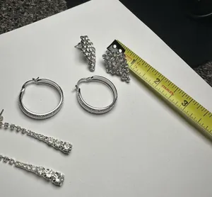 Sparkly Clear Rhinestone Pierced Earrings Lot Of 3 Dangle Hoop Stud Silver Tone thumbnail 9